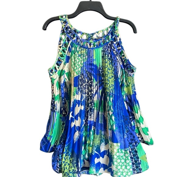 Ninety Clothing Company Blue/Green Pleated Cold Shoulder Blouse. Size Small - Picture 1 of 9